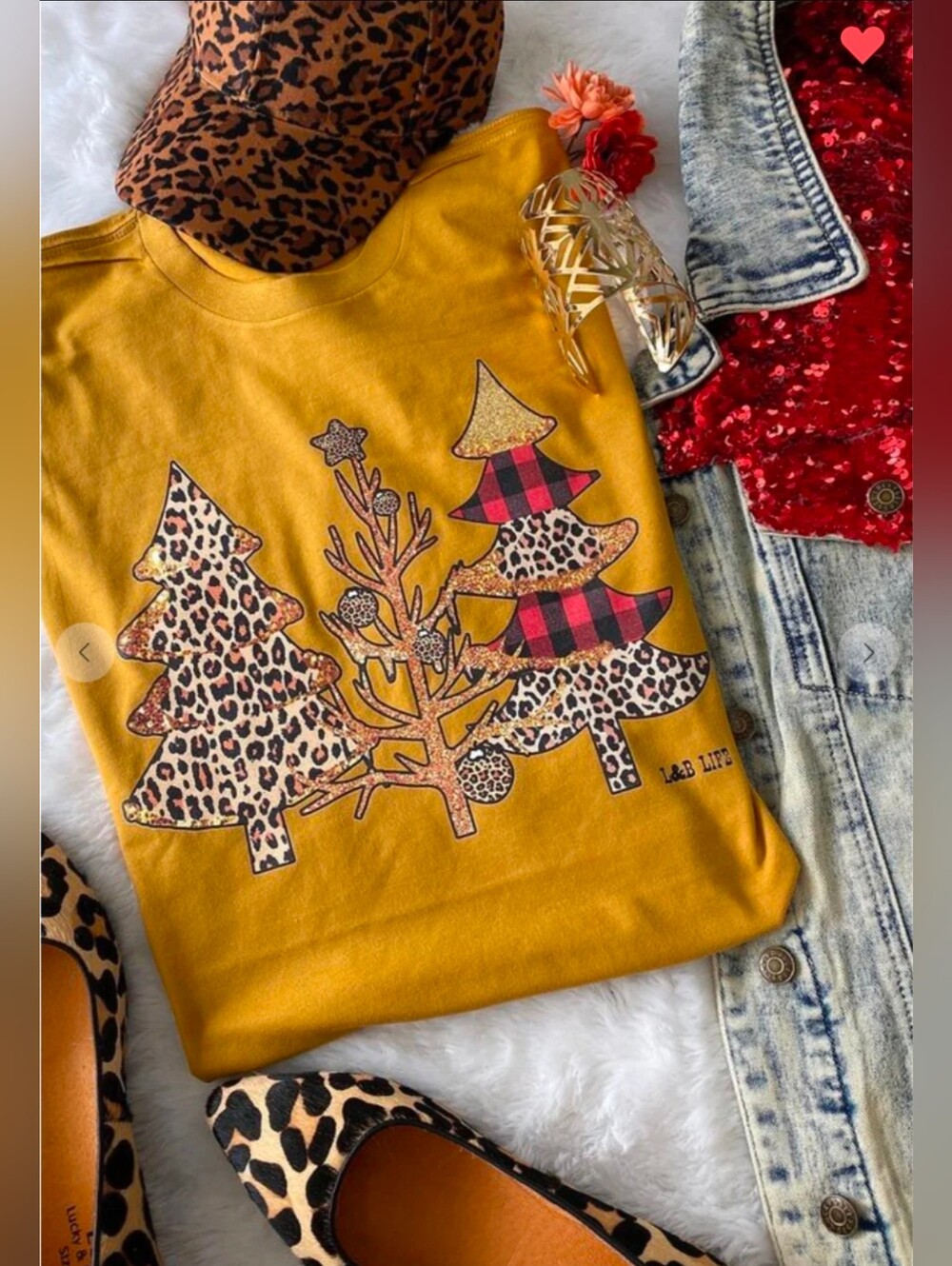 L & B Life Graphic Tee Mustard gold Cheetah Buffalo plaid Festive Tree Sz XL New